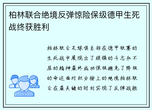 柏林联合绝境反弹惊险保级德甲生死战终获胜利